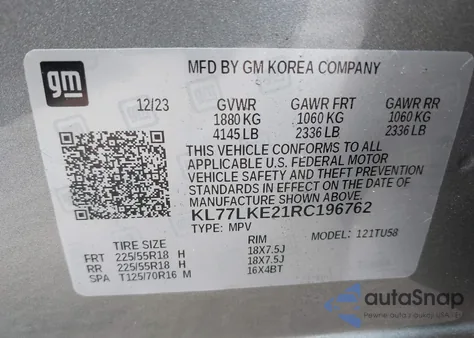 2024 Chevrolet Trax Fwd Activ from USA, damaged, VIN KL77LKE21RC196762